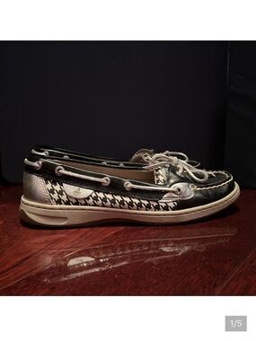 Sperry Women’s Black & White Houndstooth Boat Shoes size 8.5